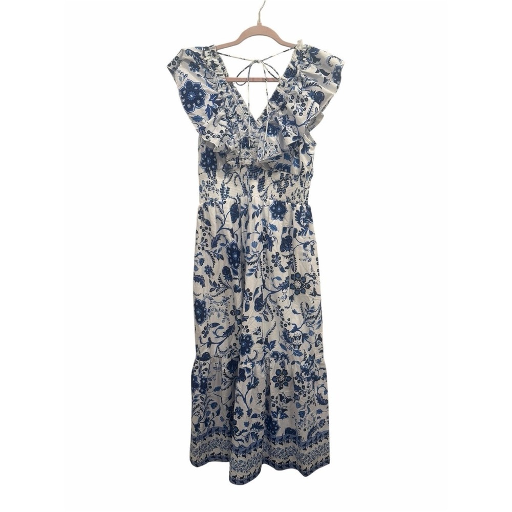 Adrianna Papell Blue White Floral Ruffle Midi Dress NWOT Size 10 Cottagecore - Picture 6 of 10
